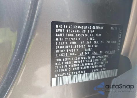 2011 Volkswagen Tiguan S from USA, damaged, VIN WVGAV7AX3BW535944
